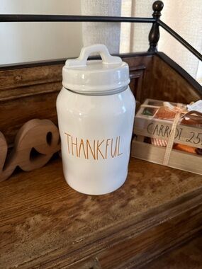 Rae Dunn Ceramic 'Thankful' Canister with Orange Lettering NWT